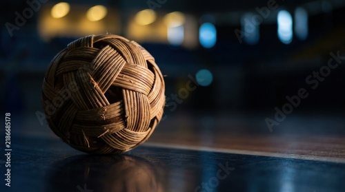 Rattan Sepak Takraw ball on indoor court with cinematic bokeh lighting