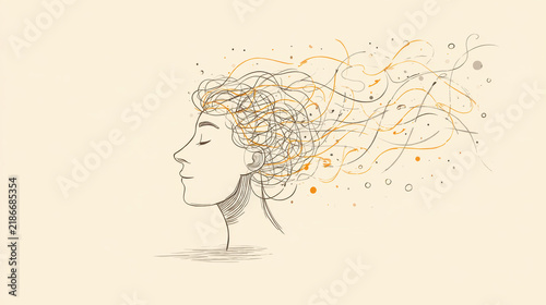 Abstract illustration goodbye human head woman profile line art hair minimal Abstract illustration goodbye to human head, woman profile line art