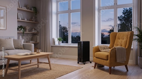 Black oil filled radiator heater on wheels in a cozy bright living room with a yellow armchair and large windows at dusk