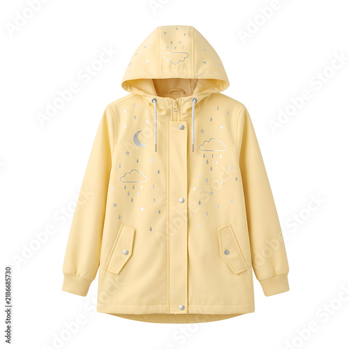 Yellow Hooded Raincoat with Silver Moon and Cloud Print