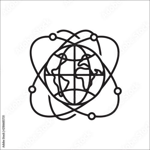 Minimalist black‑and‑white line art of a globe with latitude and longitude lines, surrounded by intersecting orbital paths with nodes, symbolizing global connectivity, science, and technology 