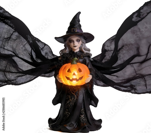 Witch flying on broomstick with full moon and pumpkin illustration. High resolution illustration with natural colors.