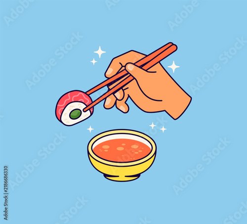 Japanese food illustration featuring sushi, chopsticks, a hand, and a bowl of miso soup. Perfect for restaurant, food, and asian cuisine designs vector catoon style