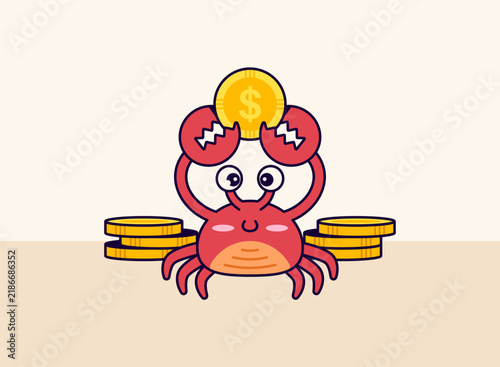 Adorable cartoon crab holding a shiny gold coin with dollar sign. stacks of coins on both sides for wealth and savings concepts. vector illustration with bold outlines