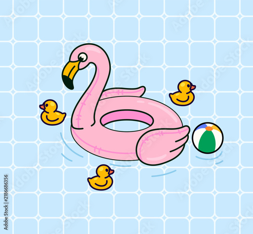 Pink flamingo pool float surrounded by yellow rubber ducks and a colorful beach ball. summer swimming pool concept with blue tile background. vector illustration