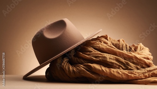 A stylish beige fedora hat resting on a soft, textured brown scarf against a warm, neutraltoned background, creating a cozy autumn aesthetic