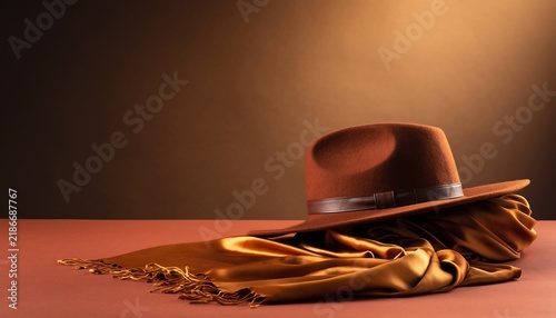 A stylish brown felt fedora hat resting elegantly on a draped, shimmering golden silk scarf against a warm, gradient brown studio background