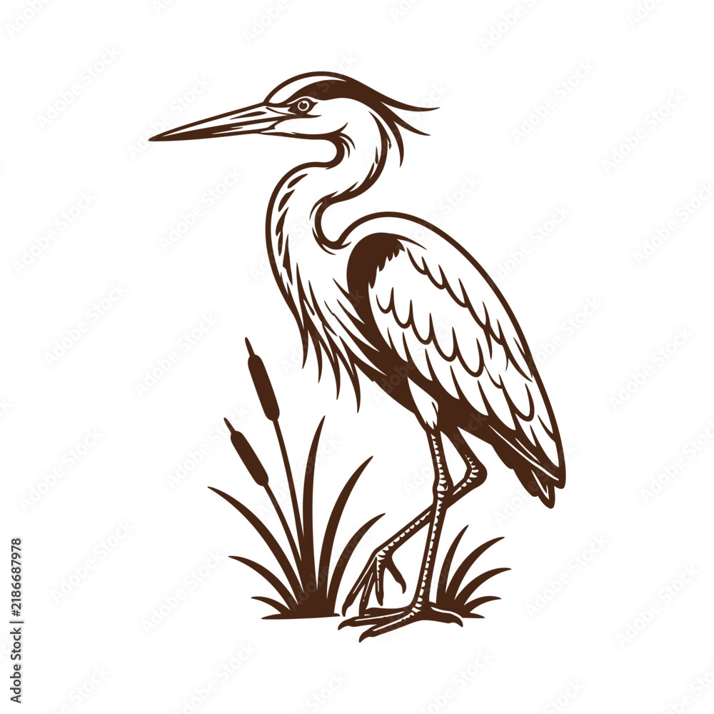 Fototapeta premium Vintage Hand Drawn Illustration of a Great Blue Heron Standing in Marsh Grass.