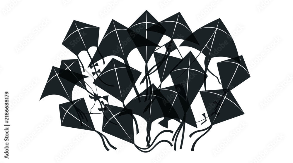 Obraz premium Black Silhouette Cluster of Flying Kites on White Background