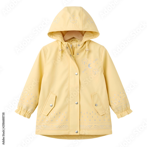 Children's Yellow Raincoat with Hood and Silver Pattern on Hanger