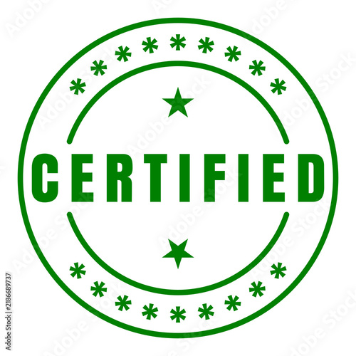 Green circular CERTIFIED seal badge with bold text, stars, asterisks and curved arcs isolated on transparent background