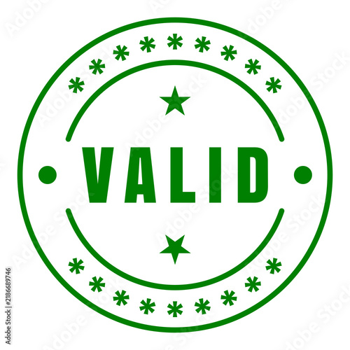 Green circular VALID seal badge with bold text, stars, asterisks, dots and curved arcs isolated on transparent background