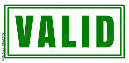Rectangular stamp-style badge featuring the word VALID in bold green uppercase letters, enclosed by a double green rectangular border, isolated on a transparent background