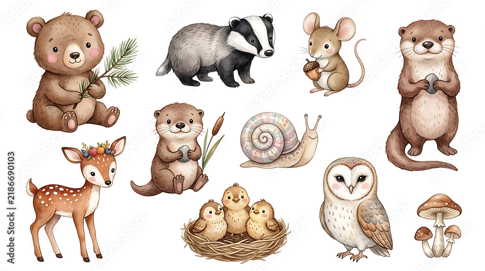 Fototapeta premium Watercolor Cute Woodland Animals and Forest Elements Set Featuring Bear, Badger, Otters, Fawn, Barn Owl, Snail, and Baby Birds in Nest Isolated on White Background