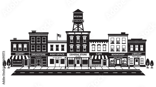 Small town main street storefronts silhouette illustration with a water tower in a flat vector graphic style