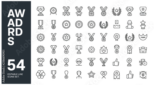 Bild auf Leinwand Awards and trophies line icons set celebrating success recognition victory and outstanding achievements