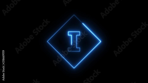 Neon letter i animation with glowing blue diamond frame on black background, alphabet typography concept 4k video.