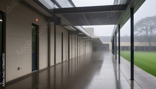 A covered walkway connecting two academic buildings on a rainy day, moody grey light