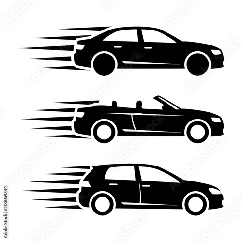 Black silhouettes of cars speeding on white background in motion blur effect