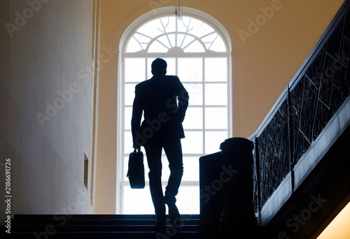 A silhouette of a figure climbing a grand staircase inside an academic hall, dim ambient backlight