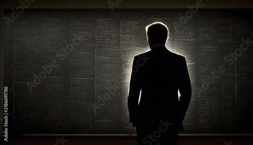 A silhouetted figure standing before a chalkboard covered in equations, dramatic backlight