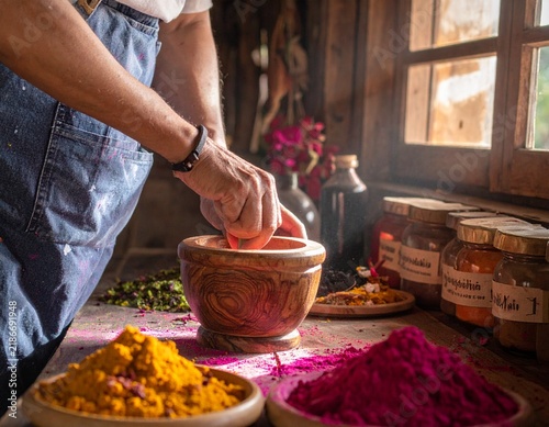 Hands grind botanical pigments for Holi powders. 