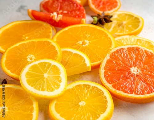 Citrus detail on a pale stone kitchen counter. 