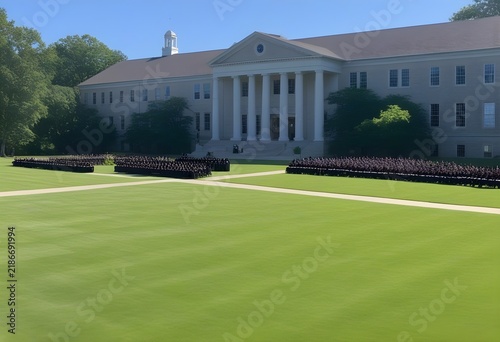 A small group of distant graduates gathered on a vast lawn, bright even daylight