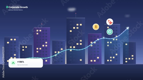 Business Growth Animation — City Skyline Sunrise with Rising Trend Arrow and Success Icons Motion Graphic