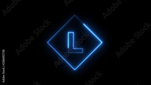 Neon letter L animation with glowing blue diamond frame on black background, alphabet typography concept 4k video.