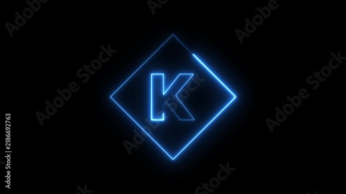 Neon letter k animation with glowing blue diamond frame on black background, alphabet typography concept 4k video.
