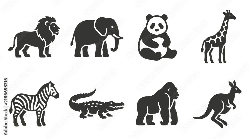 Fototapeta premium Minimalist black animal silhouettes icon set featuring wild zoo fauna like lion elephant panda giraffe zebra crocodile gorilla and kangaroo
