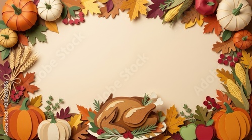A festive paper craft frame featuring pumpkins, corn, leaves, and a roasted turkey on a light beige background, for thanksgiving celebration