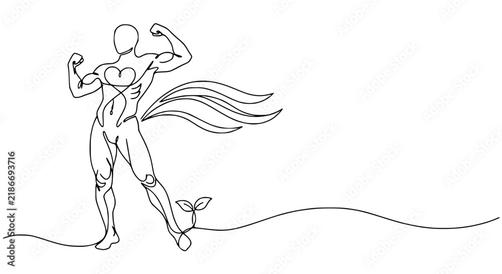 Fototapeta premium Heroic Figure with Heart and Growing Plant, Strong Body, Abstract Line Art