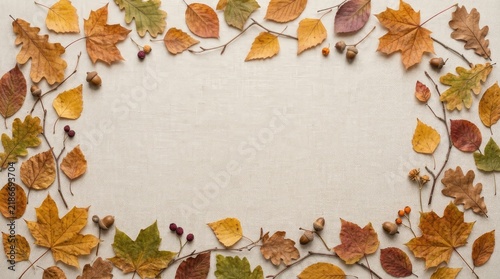A frame of assorted autumn leaves and small acorns arranged on a light beige textured linen fabric background, for fall season