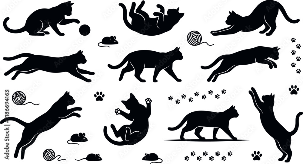 Obraz premium Cats in Various Poses with Paws, Yarn Balls, and Mice Featuring Cat, Feline