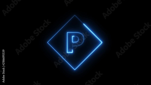 Neon letter P animation with glowing blue diamond frame on black background, alphabet typography concept 4k video.