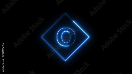 Neon letter O animation with glowing blue diamond frame on black background, alphabet typography concept 4k video.