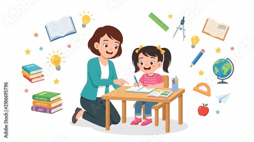 Teacher helping young student with homework happily