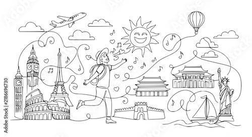 Happy Traveler Exploring World Landmarks with Music Notes and Hearts