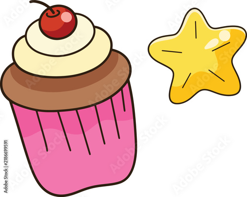 Cute pink cupcake golden star cartoon minimal digital illustration for birthday and party stickers