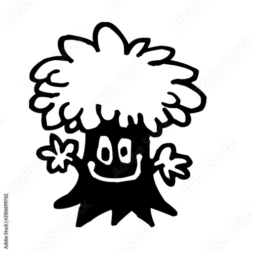 Black and white cartoon tree character with a smiling face and waving arms