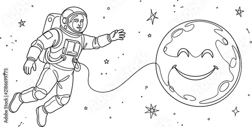 Foto Continuous line art drawing of astronaut spaceman floating in zero gravity space