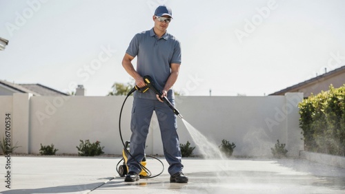 Skilled technician operating professional power washing machine on concrete surface against white wall during outdoor service.