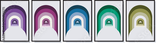 Set of five minimalist abstract tunnel art prints in varying color gradients