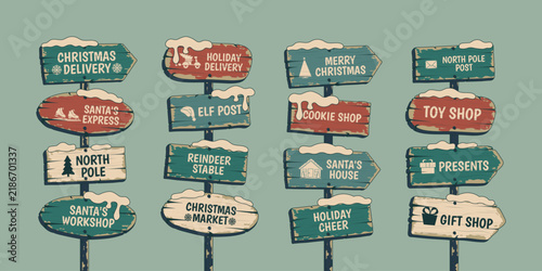 Retro Christmas Delivery wooden direction signs set with festive arrows, holiday lettering and vintage roadside signs. Vector illustration for Christmas delivery, shipping and holiday designs
