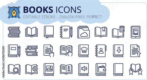 Literature and academic education linear editable stroke icon set featuring textbook open notebook magnifying glass digital e-reader and library archive folder vectors