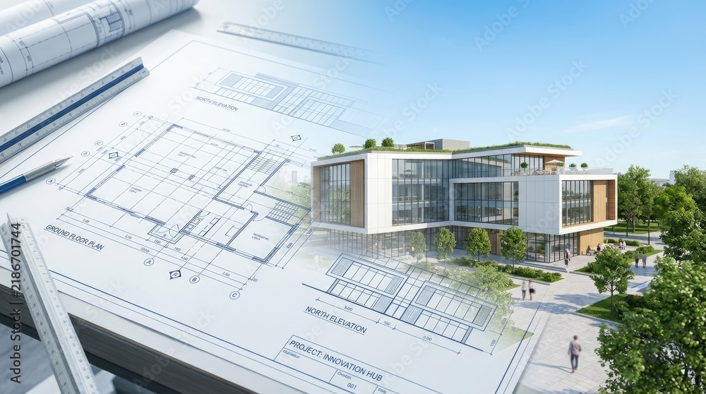 Obraz premium Architects lay out architectural blueprints on a table, showcasing a modern building design. The blueprints include north and ground elevation plans.