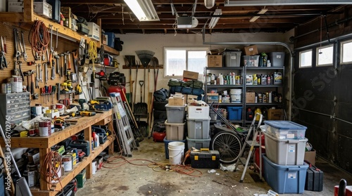 A cluttered garage reveals a workshop space filled with tools, equipment, and storage containers. A workbench dominates the left side, alongside a pegboard stocked with various tools.