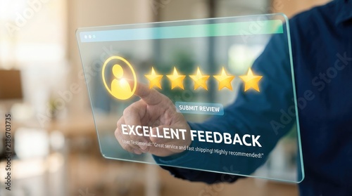 A person is interacting with a holographic display showing a positive customer review.